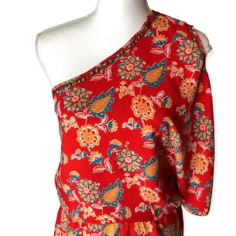 Angie One Shoulder Floral Studded Details Cold Shoulder Mini Dress